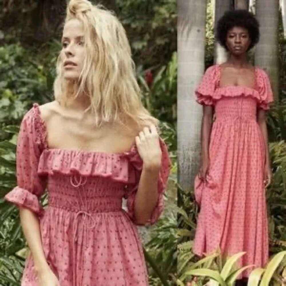 Doen Pink Sol Shirred Swiss Dot Midi Dress Size Medium